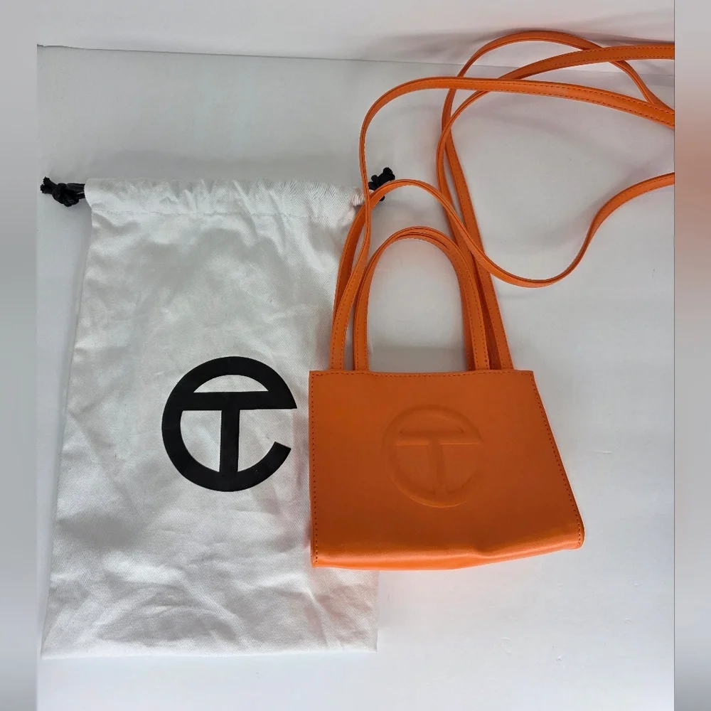 Telfar Vegan Leather Shoulder Bag Mini Snap Closure Vibrant Orange Double Strap - Picture 15 of 15